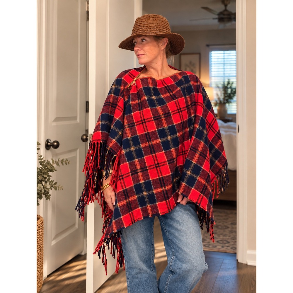 Pendleton Knockabouts Vintage 1960s Virgin Wool Plaid Zip Poncho Shawl Blanket